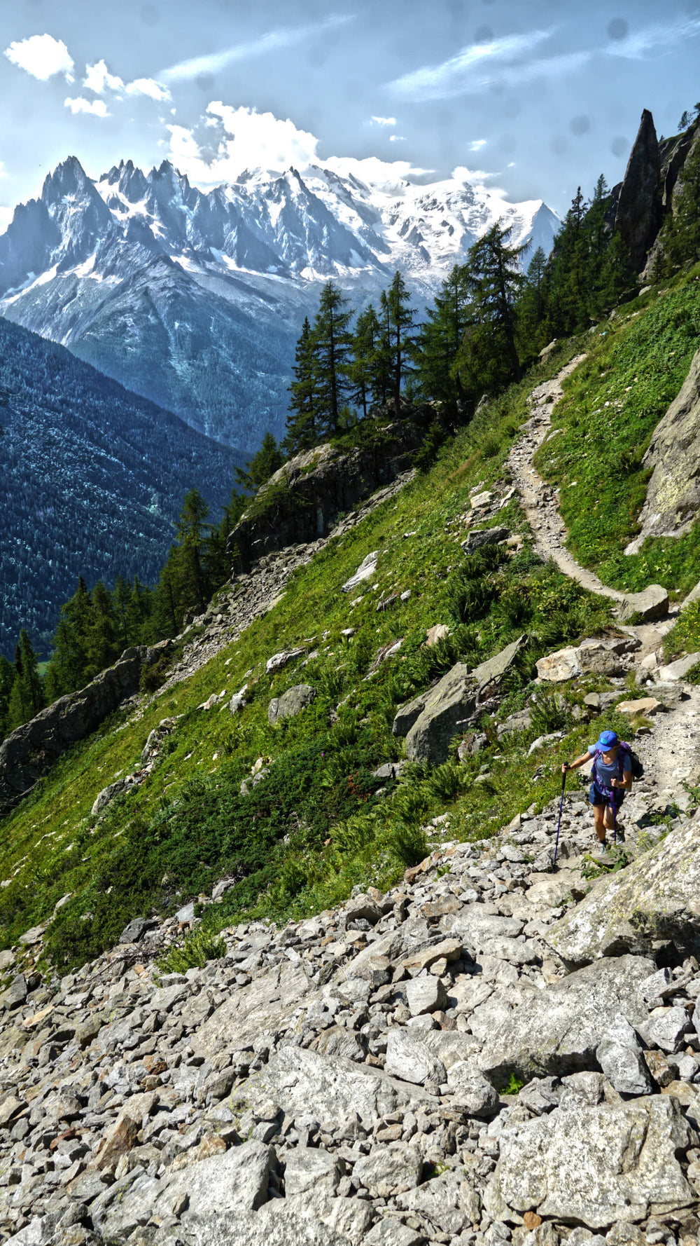 Hiker on Tour of Mont Blanc, on Aiguille Verte, with Mont Blanc visible